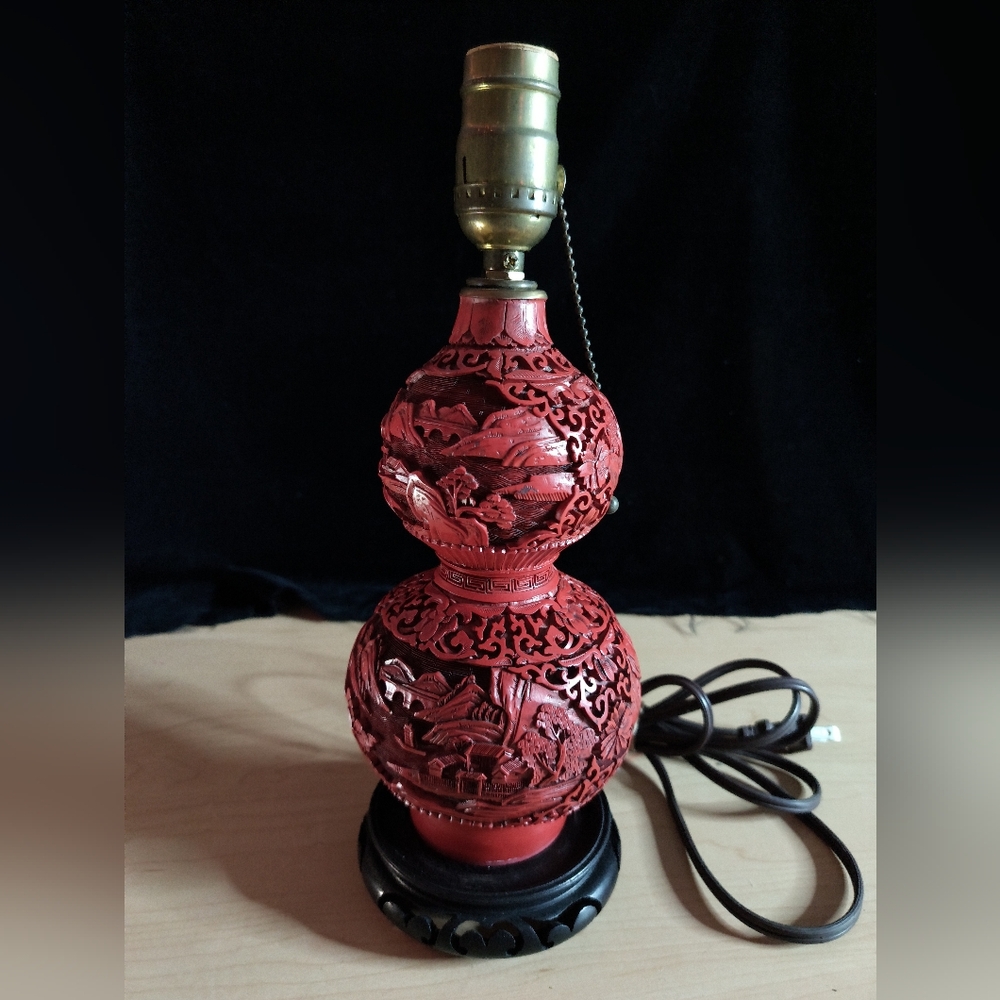 1930s Chinese Carved Cinnabar Table Lamp w/ Maplewood Base